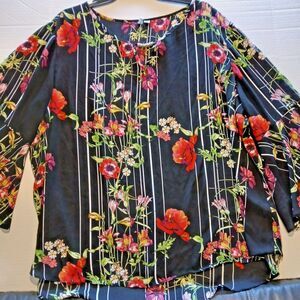 Cato Plus Size 26/28W Black Blouse with Multi-color Flowers & Flaired Sleeves.